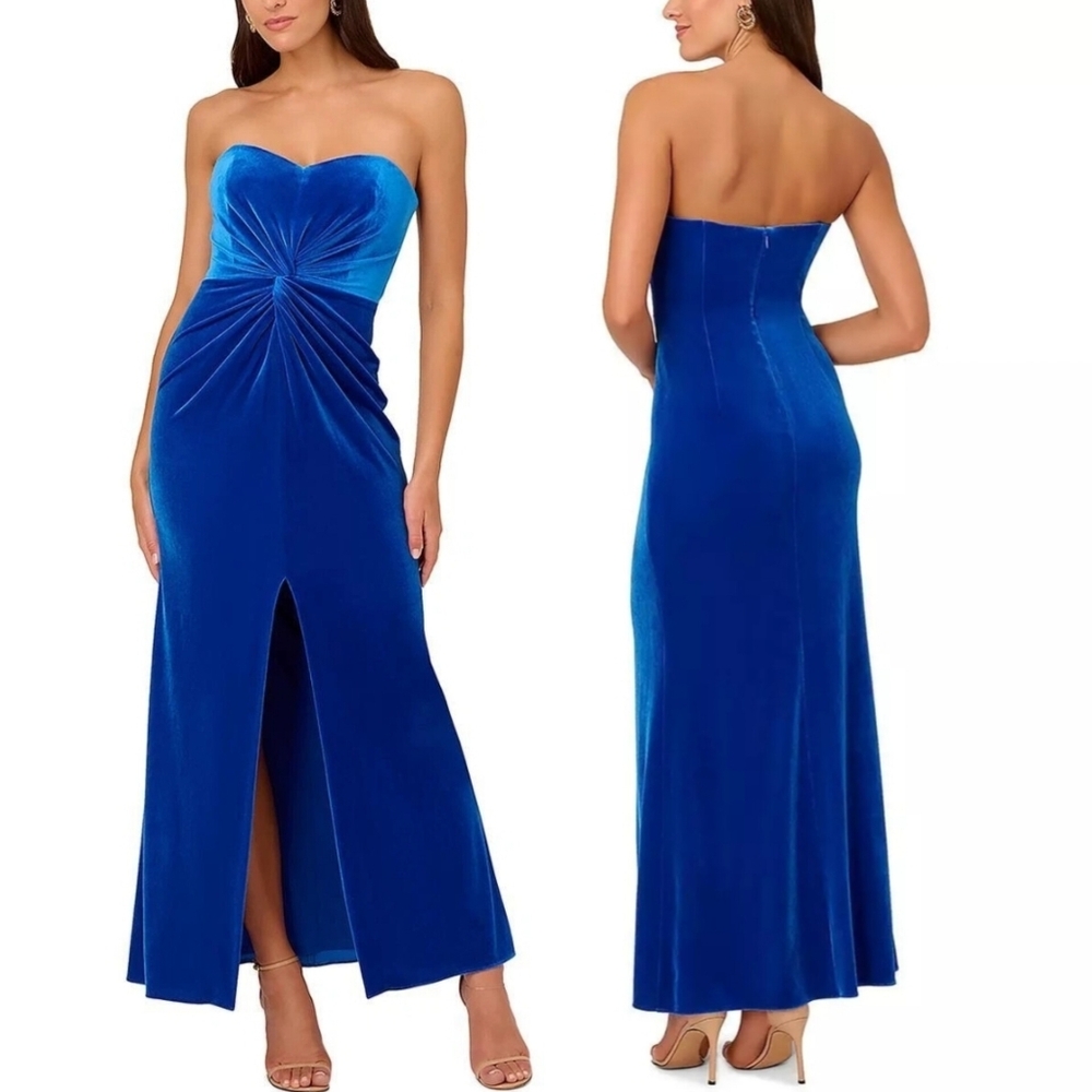 Liv Foster Elegant Blue Velvet Strapless Evening Gown